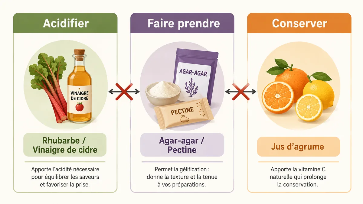 Schéma des 3 fonctions du citron dans une confiture et leurs substituts