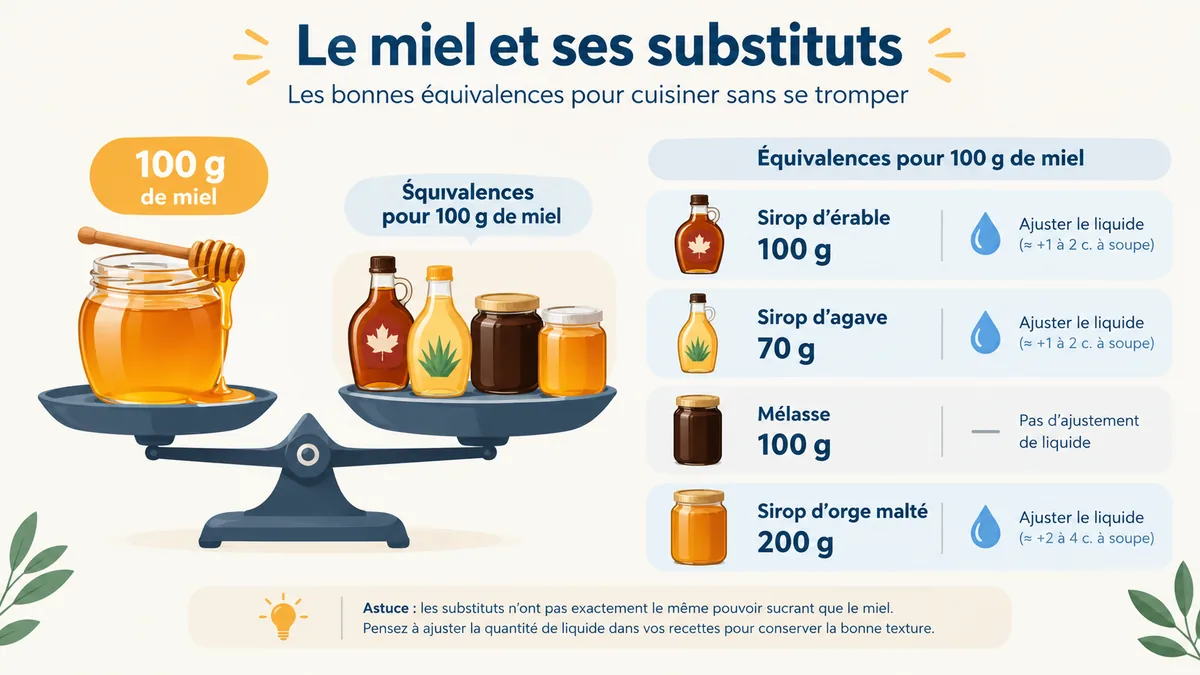 Infographie des équivalences de dosage pour remplacer 100g de miel