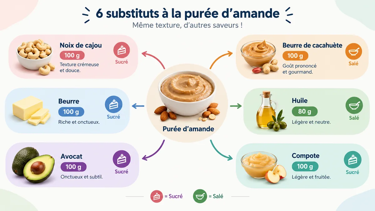Infographie des équivalences pour remplacer la purée d'amande selon la recette