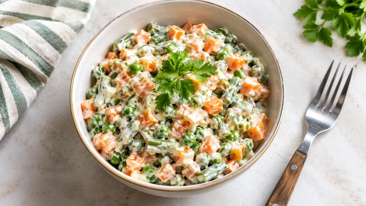 Macédoine de légumes avec une sauce au fromage blanc sans mayonnaise