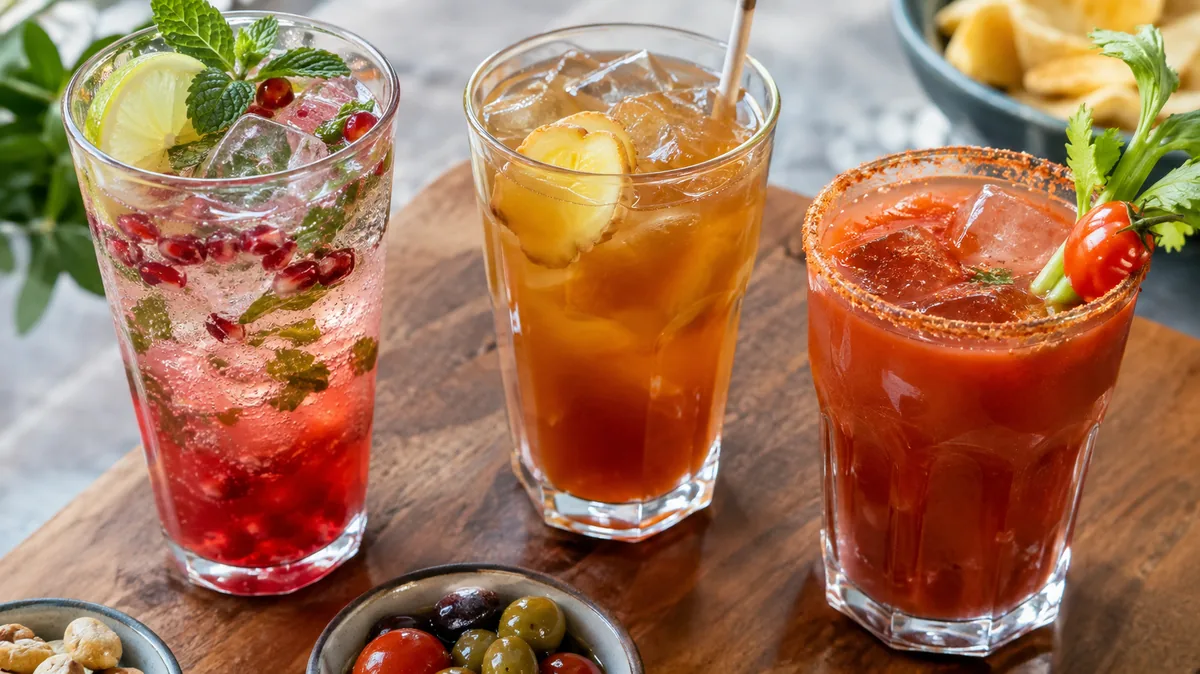 Trois mocktails maison grenade thé glacé et tomate