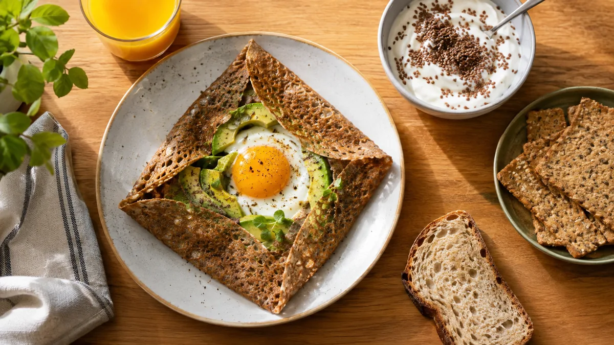Petit-déjeuner healthy avec galette de sarrasin, skyr et biscottes complètes