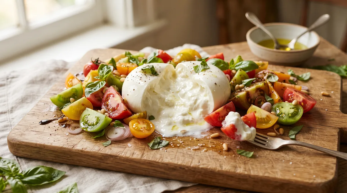 Salade tomate burrata crémeuse en alternative à la mozzarella fraîche