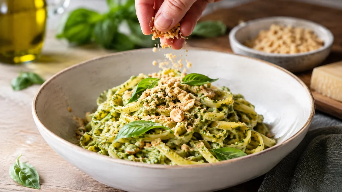 Risotto pesto et crumble avec substituts du parmesan