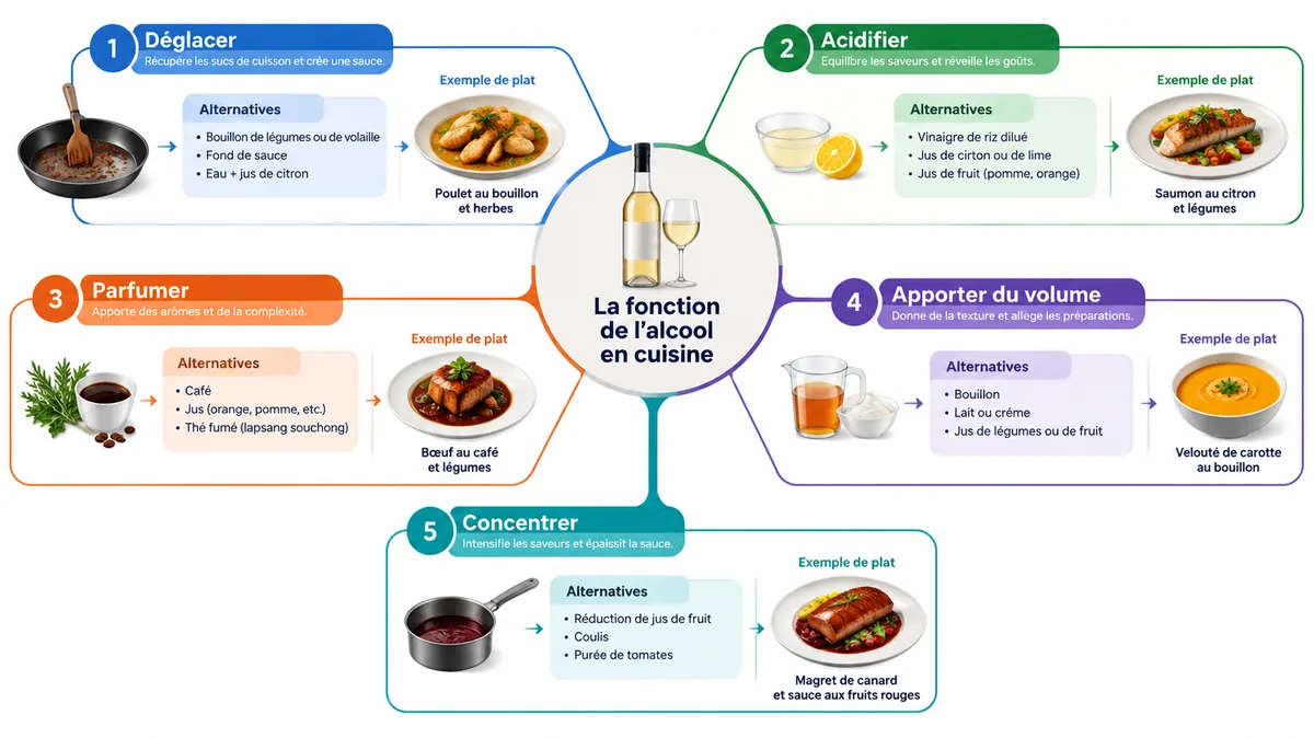 Schéma des substitutions culinaires de l'alcool par fonction