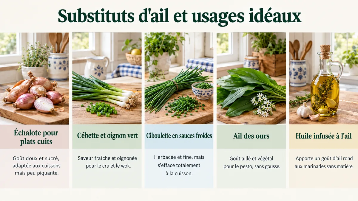 Cinq alternatives pour remplacer l'ail présentées sur des planches en bois avec leurs usages et leurs saveurs
