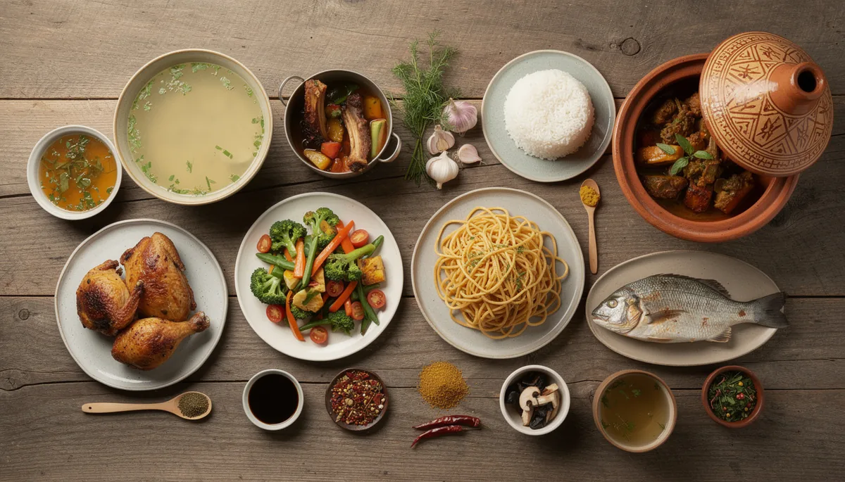 Table garnie de soupes, riz, tajine et épices pour accompagner différents plats