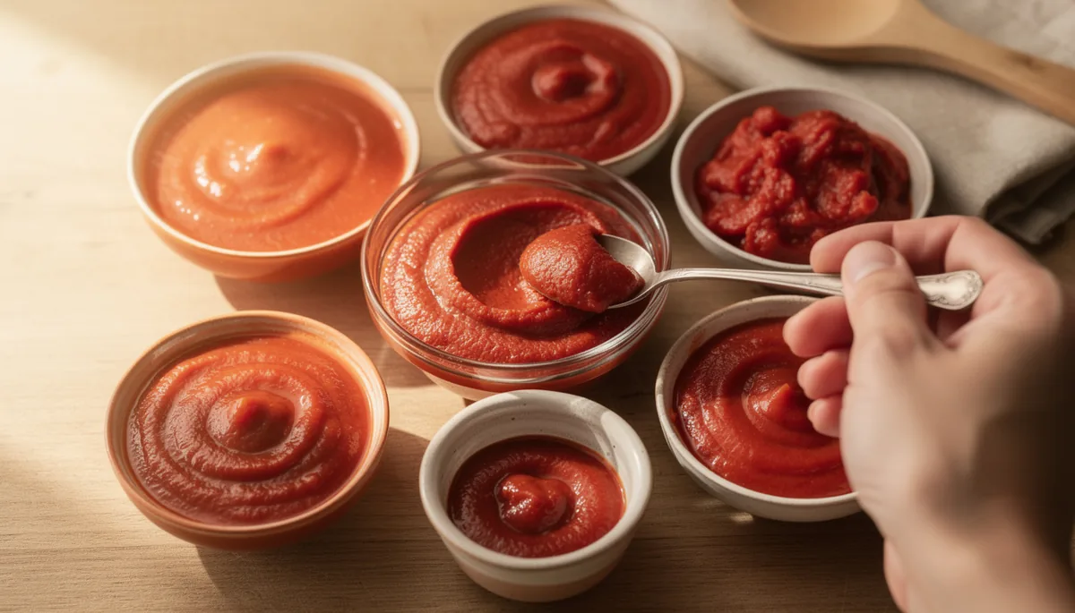 Plusieurs bols de concentré de tomate et de sauces de tomate, avec une cuillère remplie de concentré