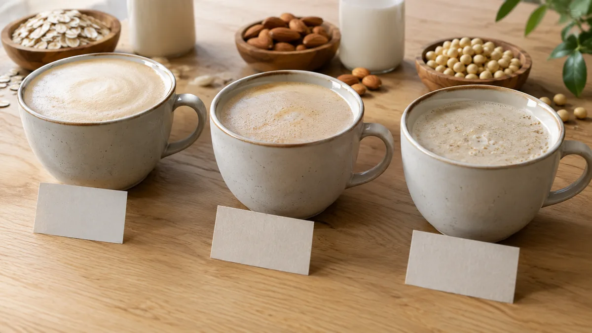 Trois tasses de café avec des mousses de lait végétal différentes accompagnées d'avoine, d'amandes et de soja