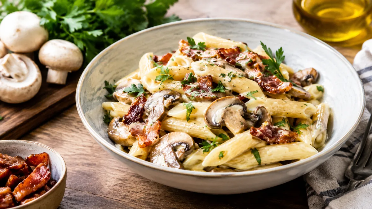 Plat de penne à la crème, champignons et lardons grillés, parsemé de persil