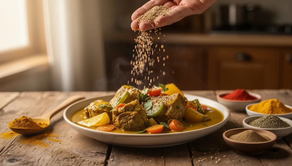 Plat mijoté de viande et légumes saupoudré d’épices, entouré de bols de curry jaune et de mélanges maison