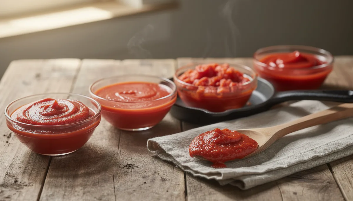 Bols de concentré, sauce et tomates concassées, avec une cuillère de sauce tomate sur un torchon en lin