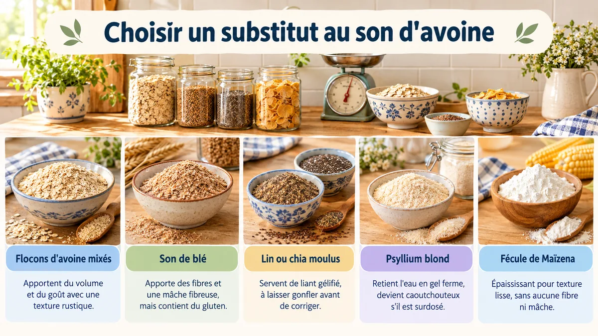 Cinq bols présentant différents substituts au son d'avoine et leurs propriétés culinaires