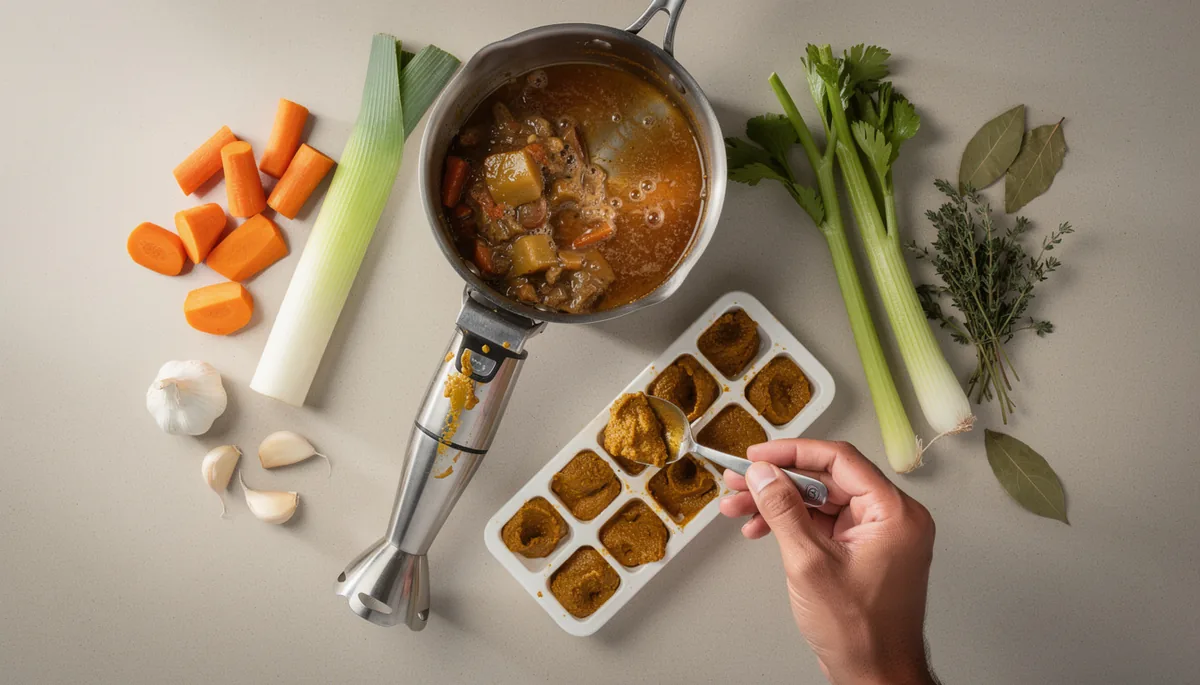 Bouillon maison mixé dans une casserole et versé en portions dans un bac à glaçons, avec légumes et herbes