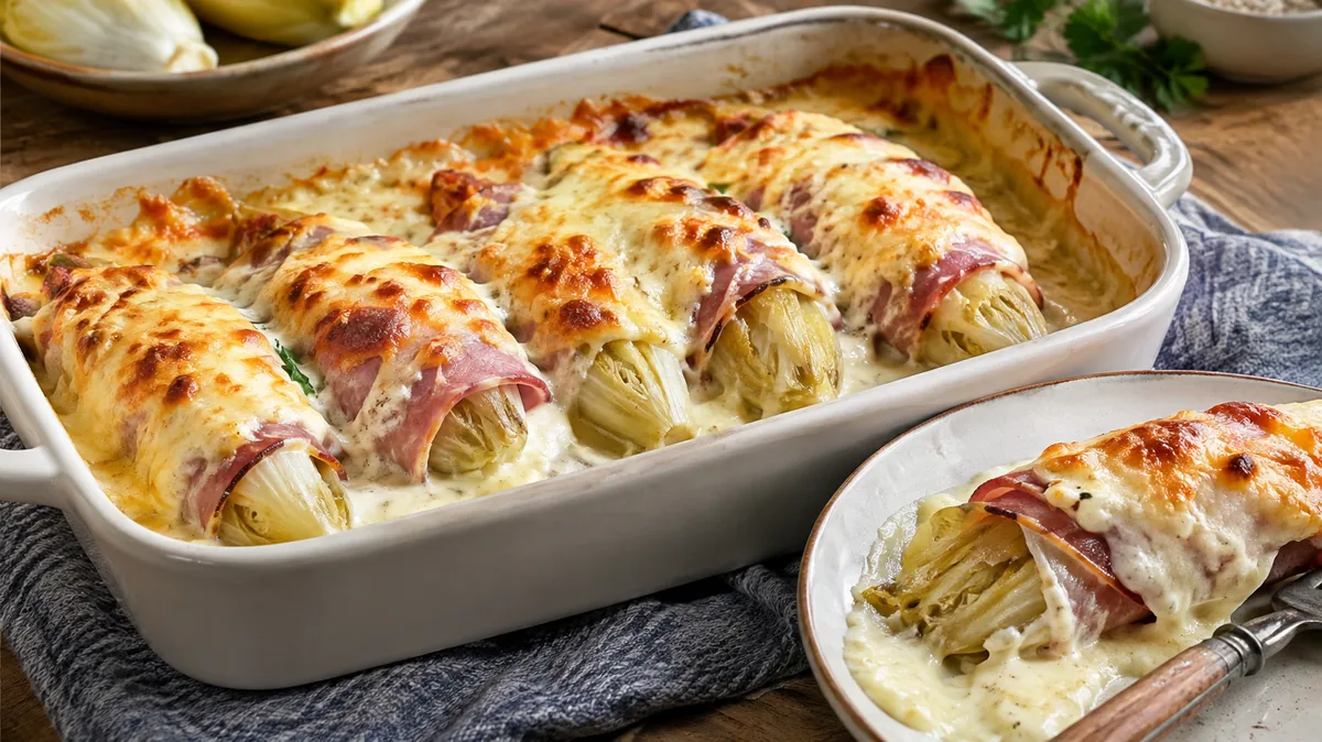 Endives au jambon gratinées nappées de sauce crémeuse dans un plat et servies dans une assiette