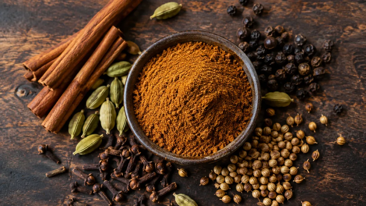 Bol de garam masala en poudre entouré d'épices entières comme des bâtons de cannelle, des clous de girofle et de la cardamome