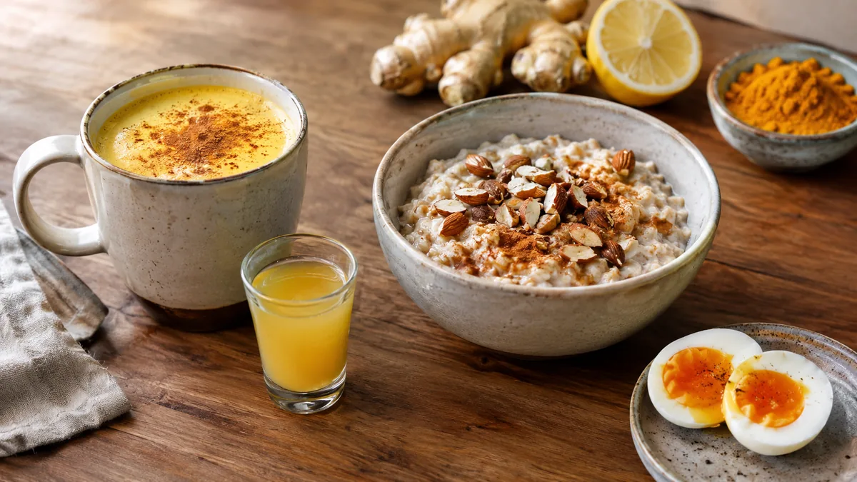 Tasse de lait d'or sans caféine, bol de porridge aux amandes, shot de gingembre et œufs durs