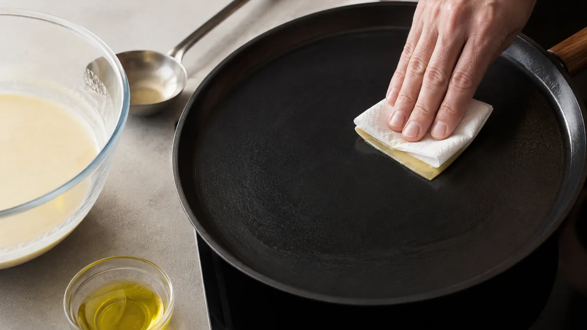 Une main graissant une poêle à crêpes avec de l'huile neutre sur un papier absorbant