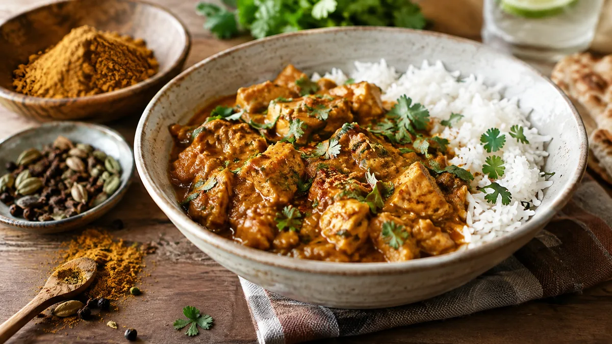 Plat de poulet tikka masala en sauce épicée servi avec du riz blanc, des épices et de la coriandre