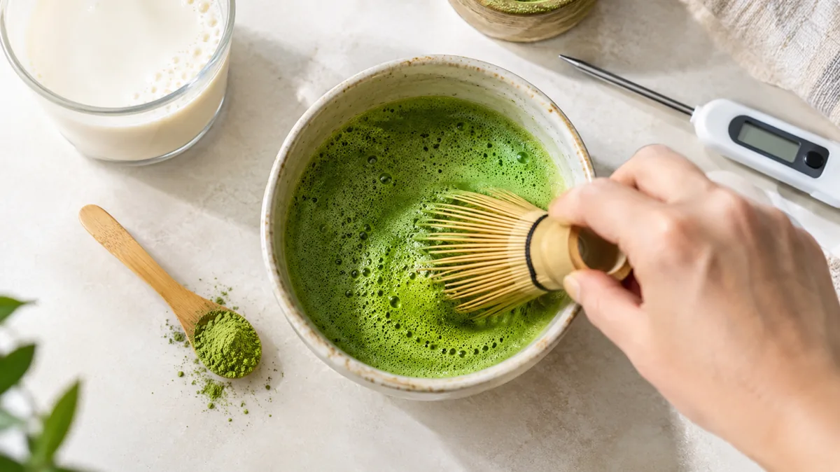 Préparation d'un thé matcha mousseux au fouet en bambou dans un bol en céramique