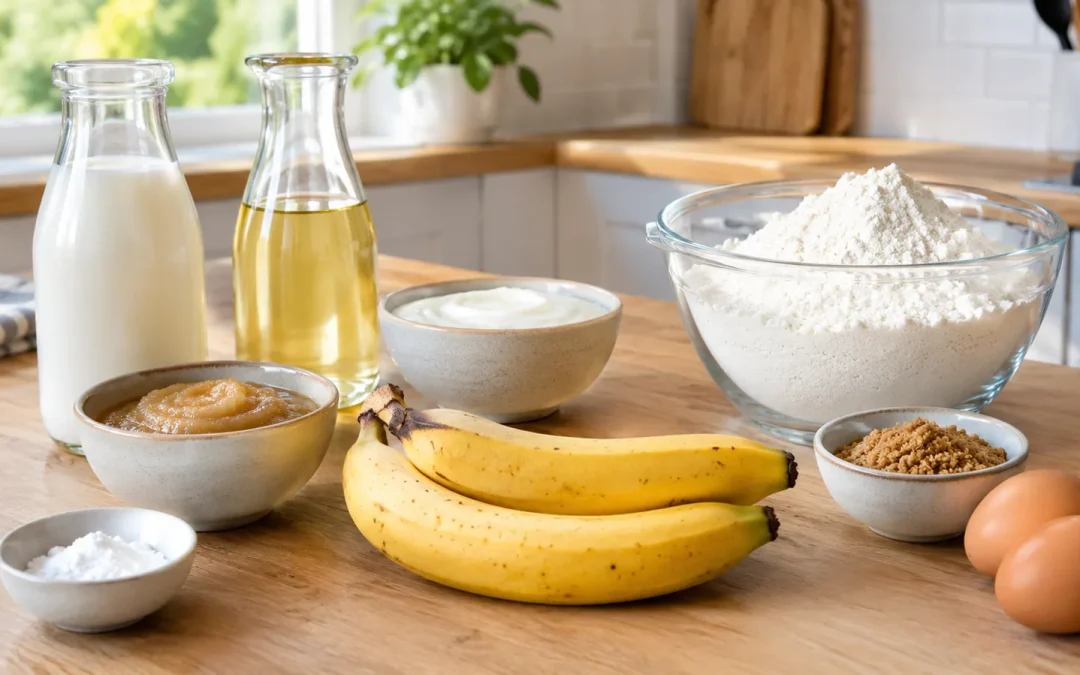 Bouteille d'huile, compote de pommes, bananes et yaourt parmi des ingrédients de pâtisserie sur un plan de travail