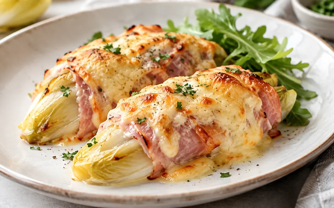Endives au jambon gratinées au fromage servies dans une assiette avec de la roquette