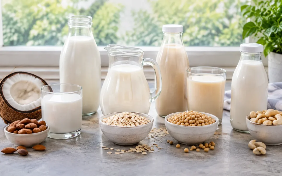 Assortiment de crèmes végétales en bouteilles et verres aux côtés de leurs ingrédients d'origine