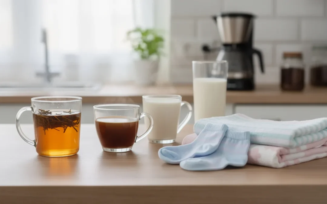 Tisane, café et verres de lait sur un plan de travail de cuisine, près de vêtements de bébé