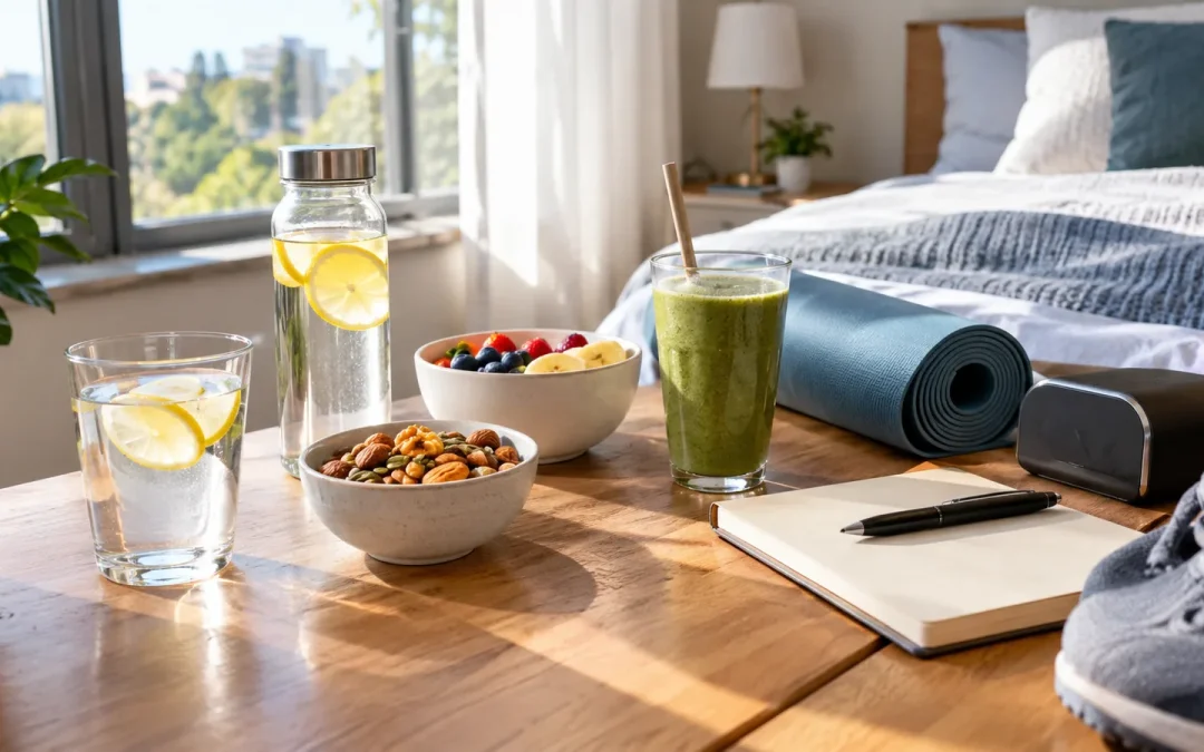 Smoothie vert, eau citronnée, bols de fruits et de graines posés sur une table en bois lumineuse