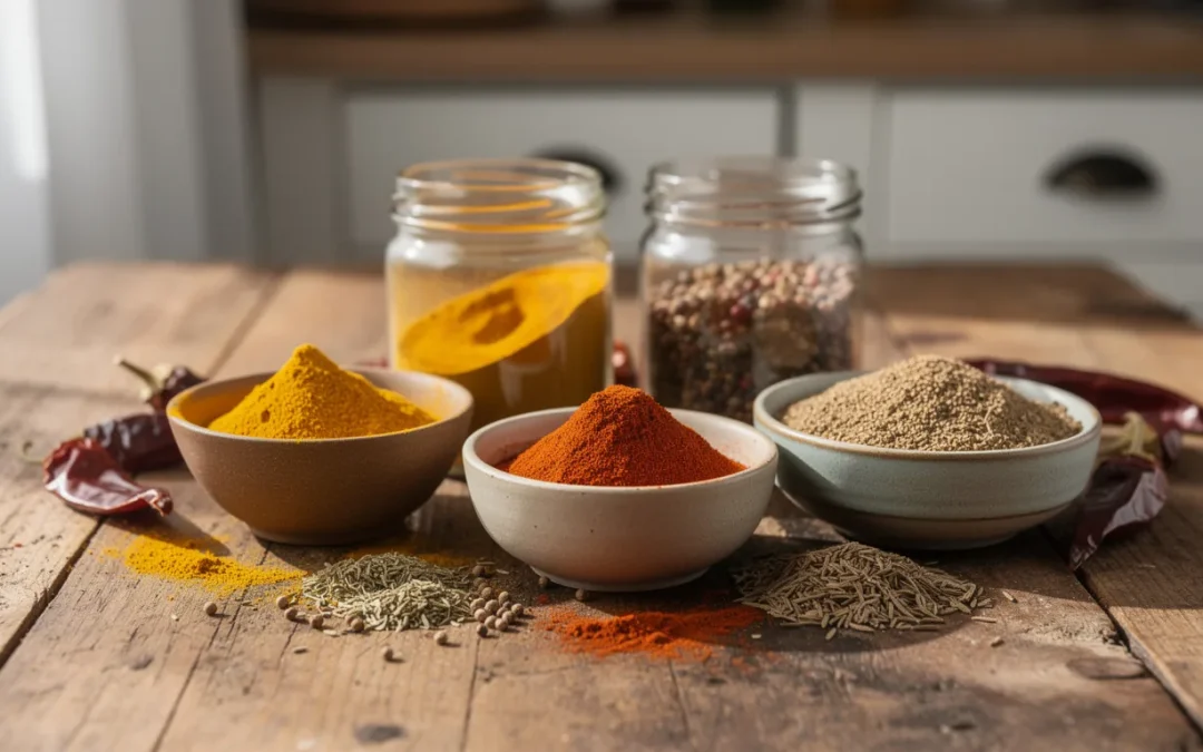 Bols de curry, curcuma et épices avec des bocaux de poivre et d'huile pour remplacer le colombo