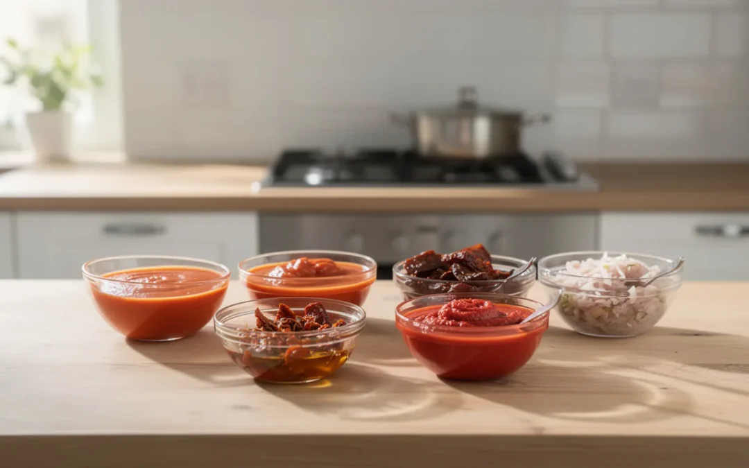 Bols de sauce tomate, de concentré de tomate et de tomates séchées sur un plan de travail