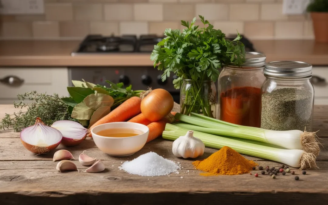 Légumes, herbes, épices et bouillon dans un bol pour remplacer un cube Maggi