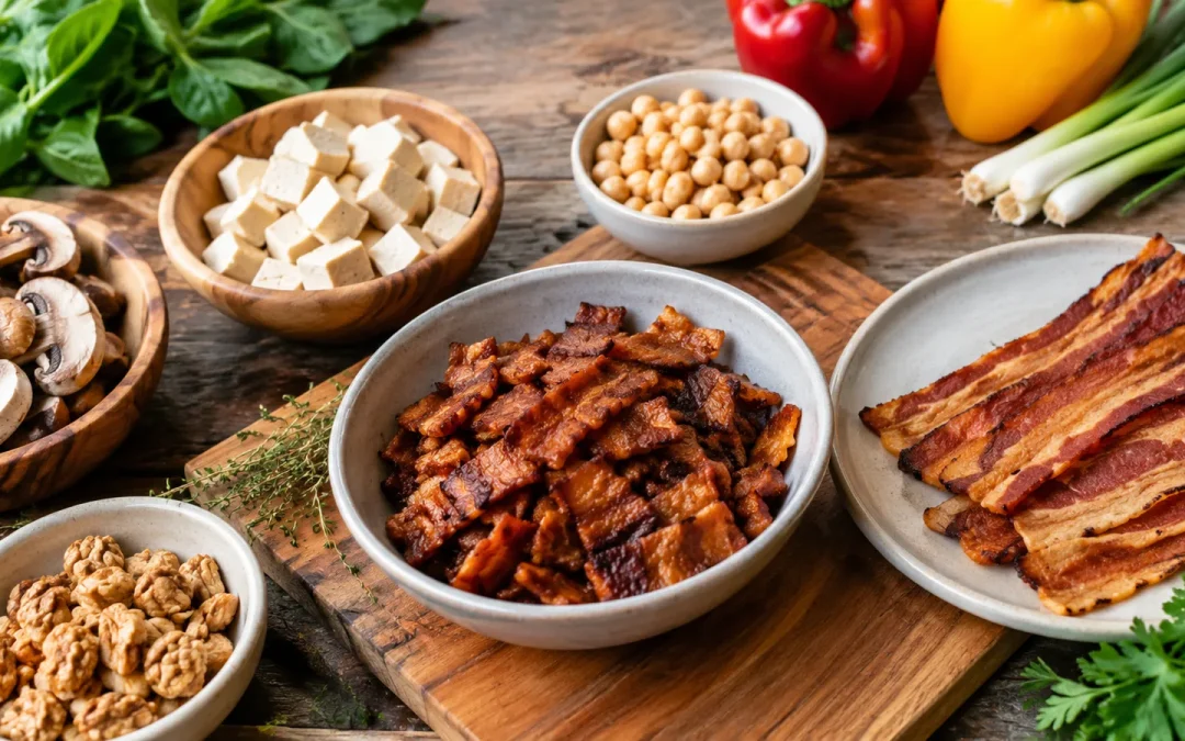 Bol de lardons cuits à côté d'une assiette de bacon et d'ingrédients de substitution