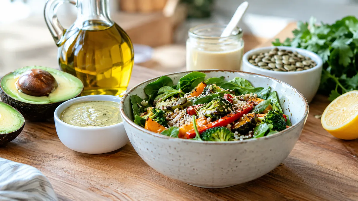 Bol de salade de légumes, huile d'olive, avocat et sauces