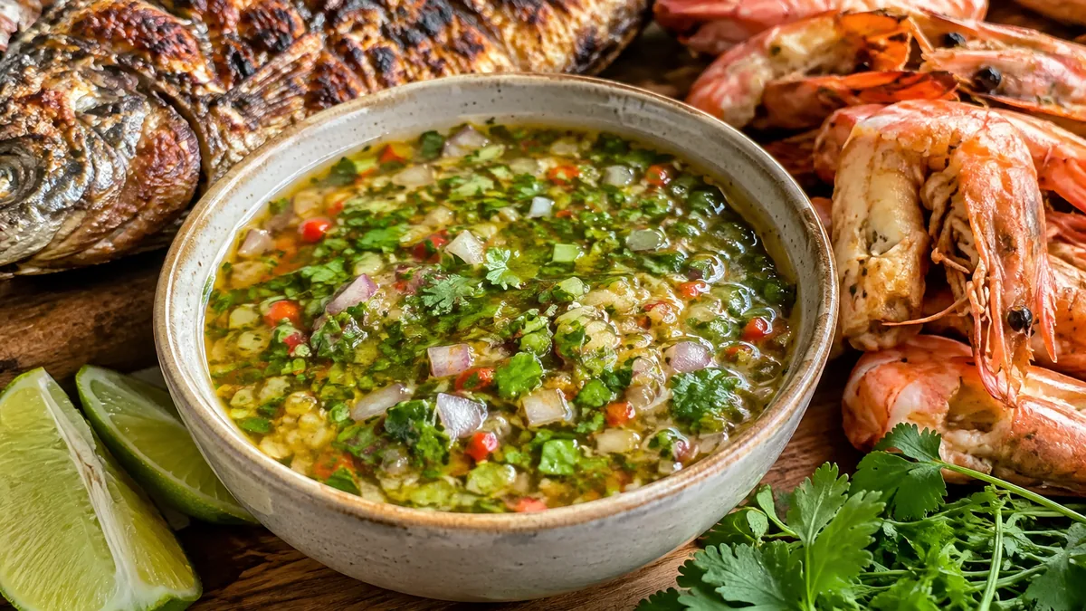 Bol de sauce chien antillaise aux herbes fraîches, entouré de poisson grillé et de crevettes