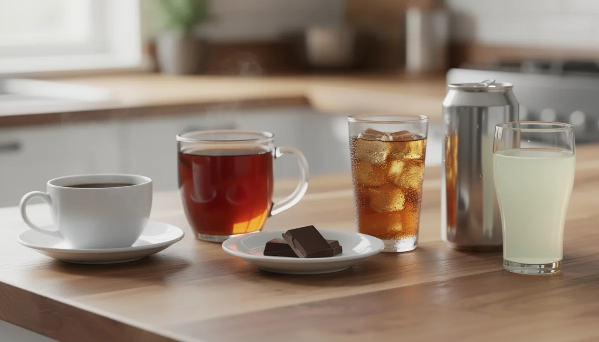 Tasse de café, thé et verres de boissons posés sur une table, avec une canette et du chocolat en arrière-plan