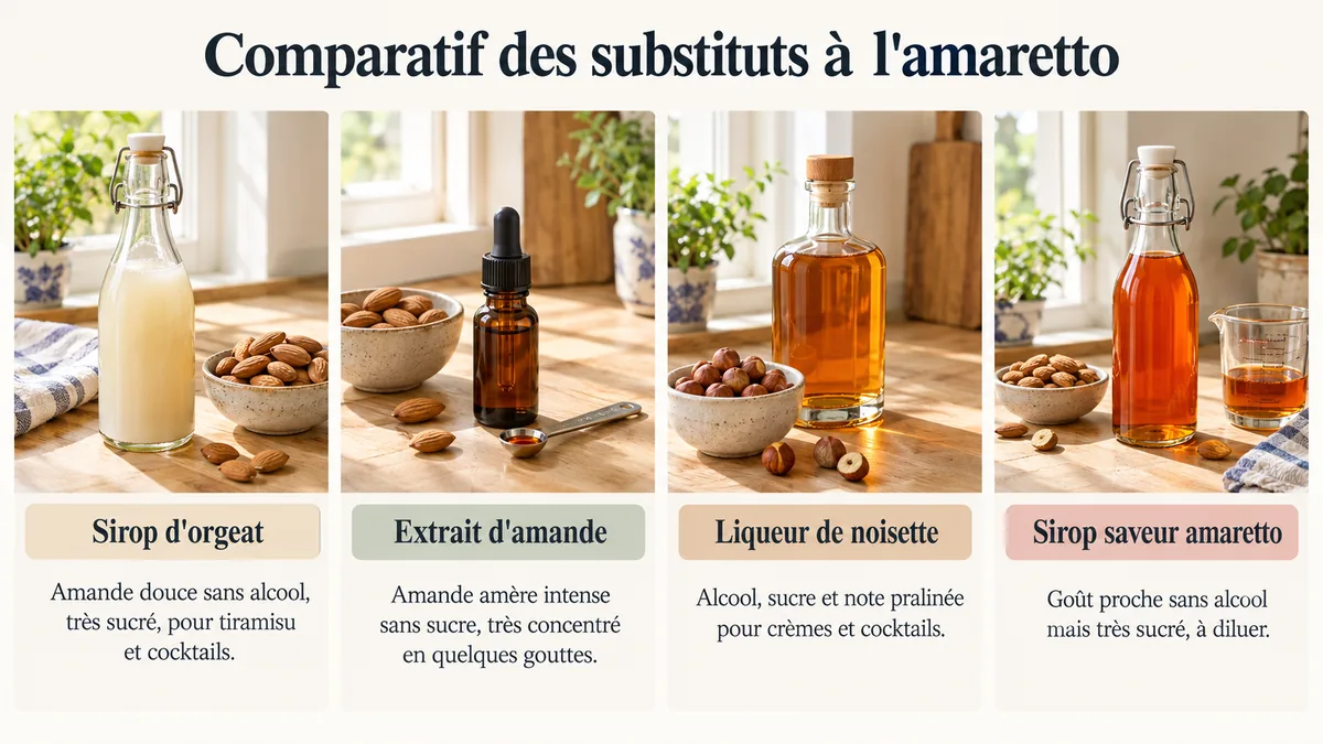 Bouteilles de substituts à l'amaretto : sirop d'orgeat, extrait d'amande, liqueur de noisette et sirop saveur amaretto