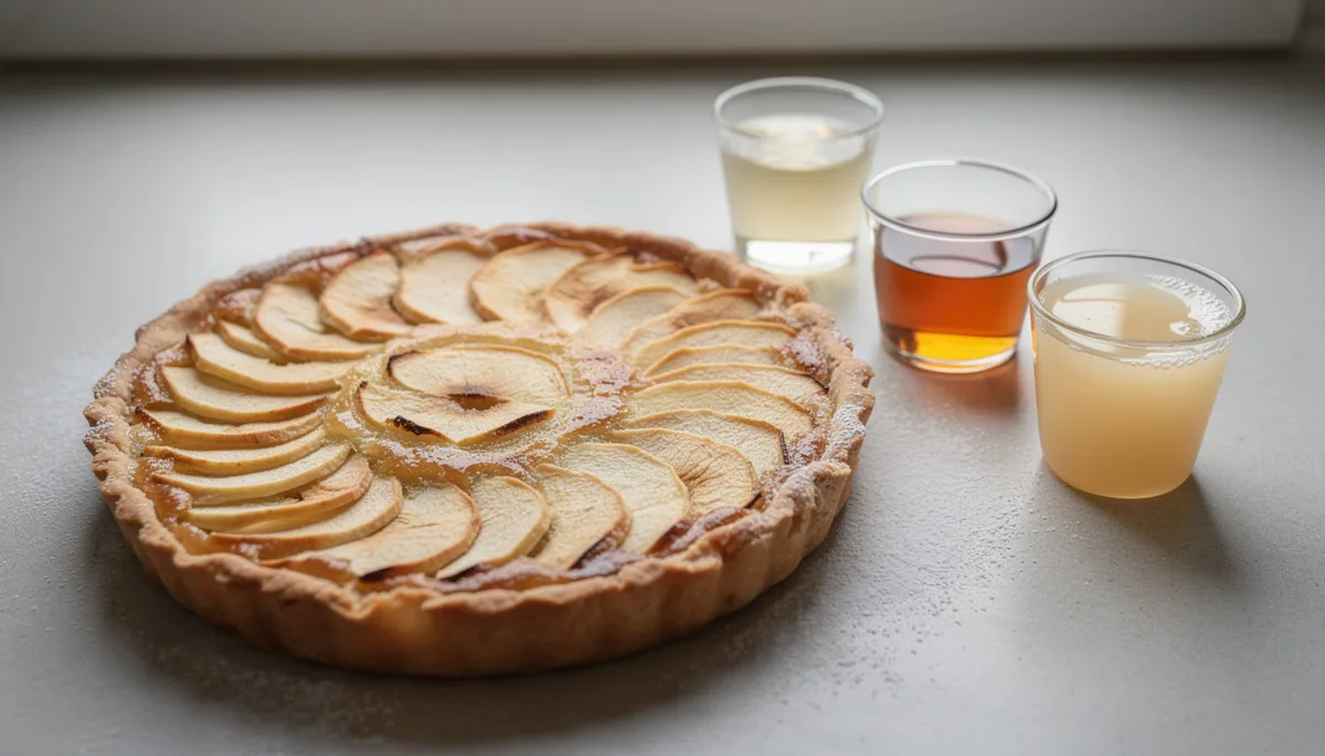 Tarte normande aux pommes accompagnée de verres de jus de pomme et d’eau-de-vie de pomme