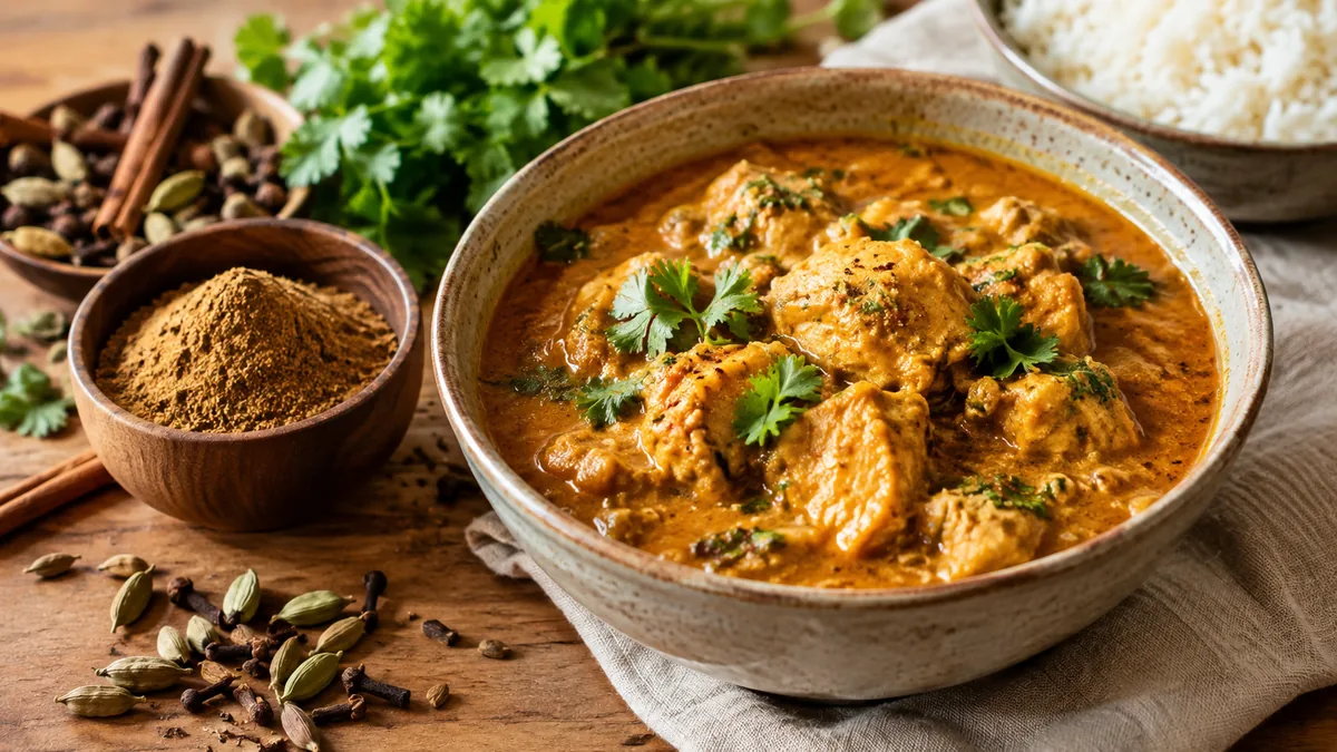 Bol de curry de poulet garni de coriandre fraîche, entouré d'épices entières, de poudre de garam masala et de riz
