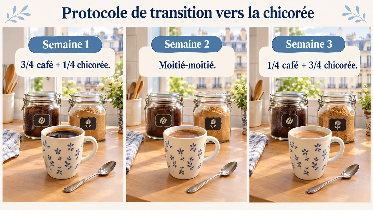Bocaux et tasses montrant les proportions de café et de chicorée sur trois semaines
